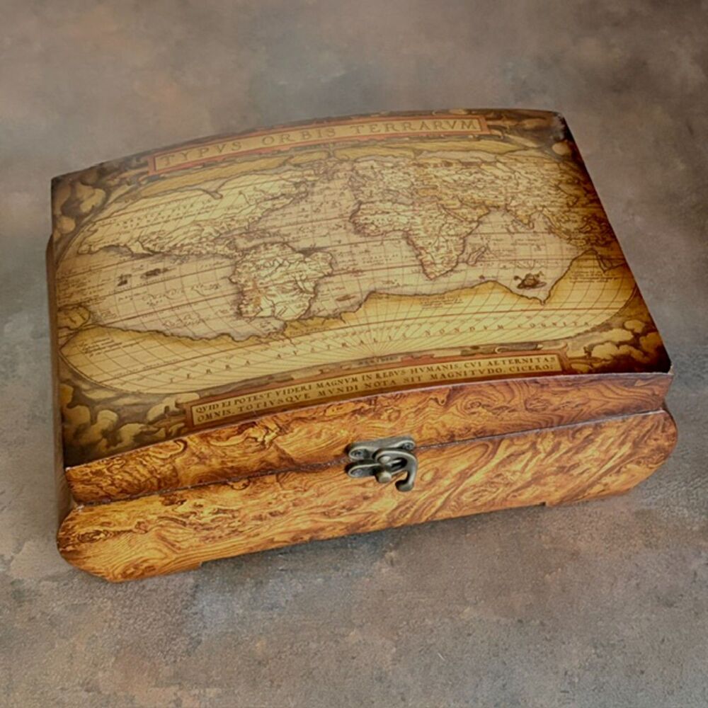 World Map Wooden Keepsake Box Hinged Decorative Storage Chest 10"